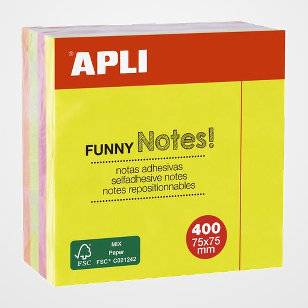 NOTAS ADHESIVAS APLI 75X75 CUBO 400h BRILLANTE (4x100h)