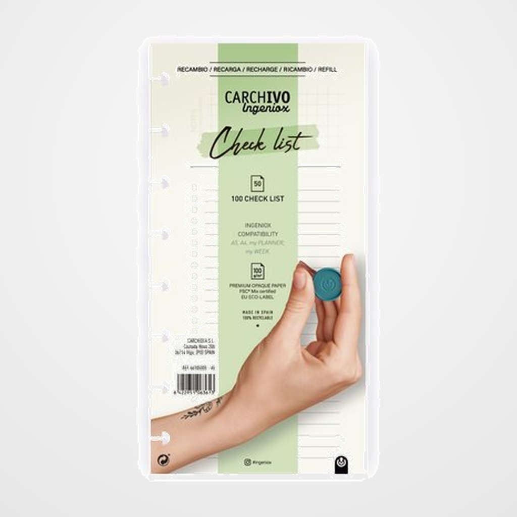 [25401711] RECAMBIO CARCHIVO INGENIOX CHECK LIST 50h (compatible con My WEEK, My PLANNER, Agenda A5 y cuadernos A4 y A5)