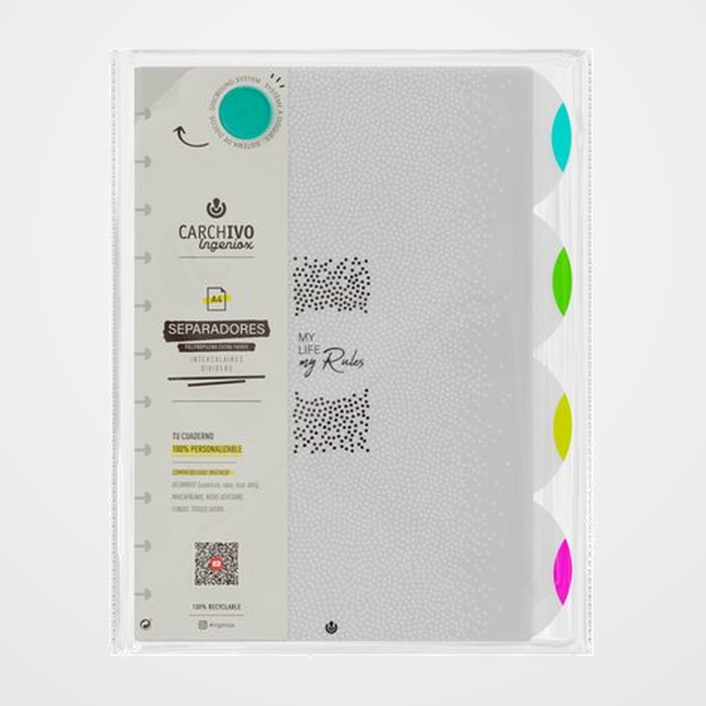 SEPARADORES CARCHIVO INGENIOX NEON PP EXTRA FUERTE A4 4 pestañas 11 taladros