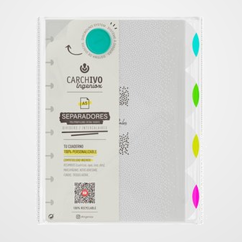 SEPARADORES CARCHIVO INGENIOX NEON PP EXTRA FUERTE A5 4 pestañas 8 taladros