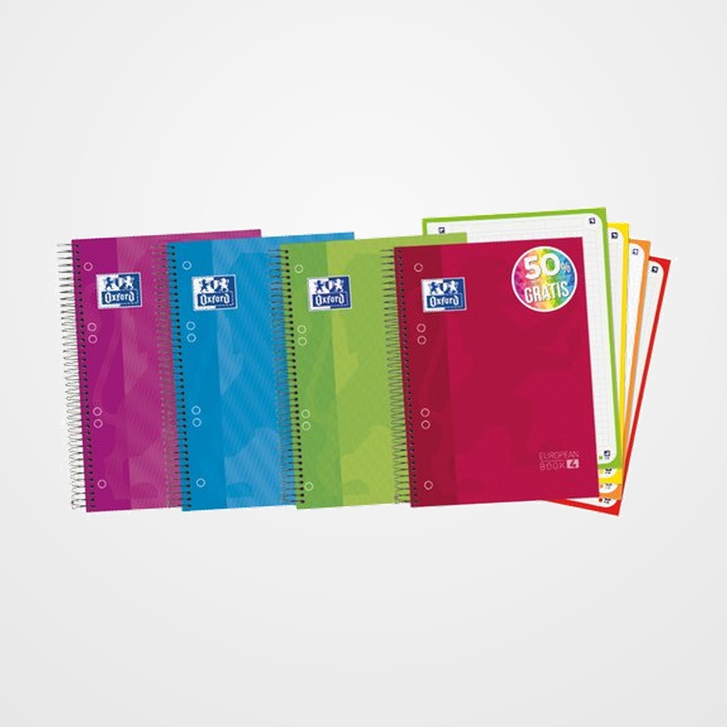 BLOC OXFORD SCHOOL EU.BOOK 4 micro.tapa EXTRA A5+ 120h CUADRIC.5x5 90g SURTIDO (col. vivos) (50% hjs GRATIS)