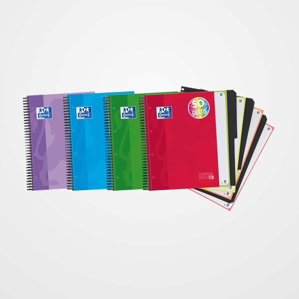 BLOC OXFORD SCHOOL EU.BOOK 4 SEPARADORES micro.tapa EXTRA A4 120h CUADRIC.5x5 90g SURTIDO (4 col.) (50% hjs GRATIS)