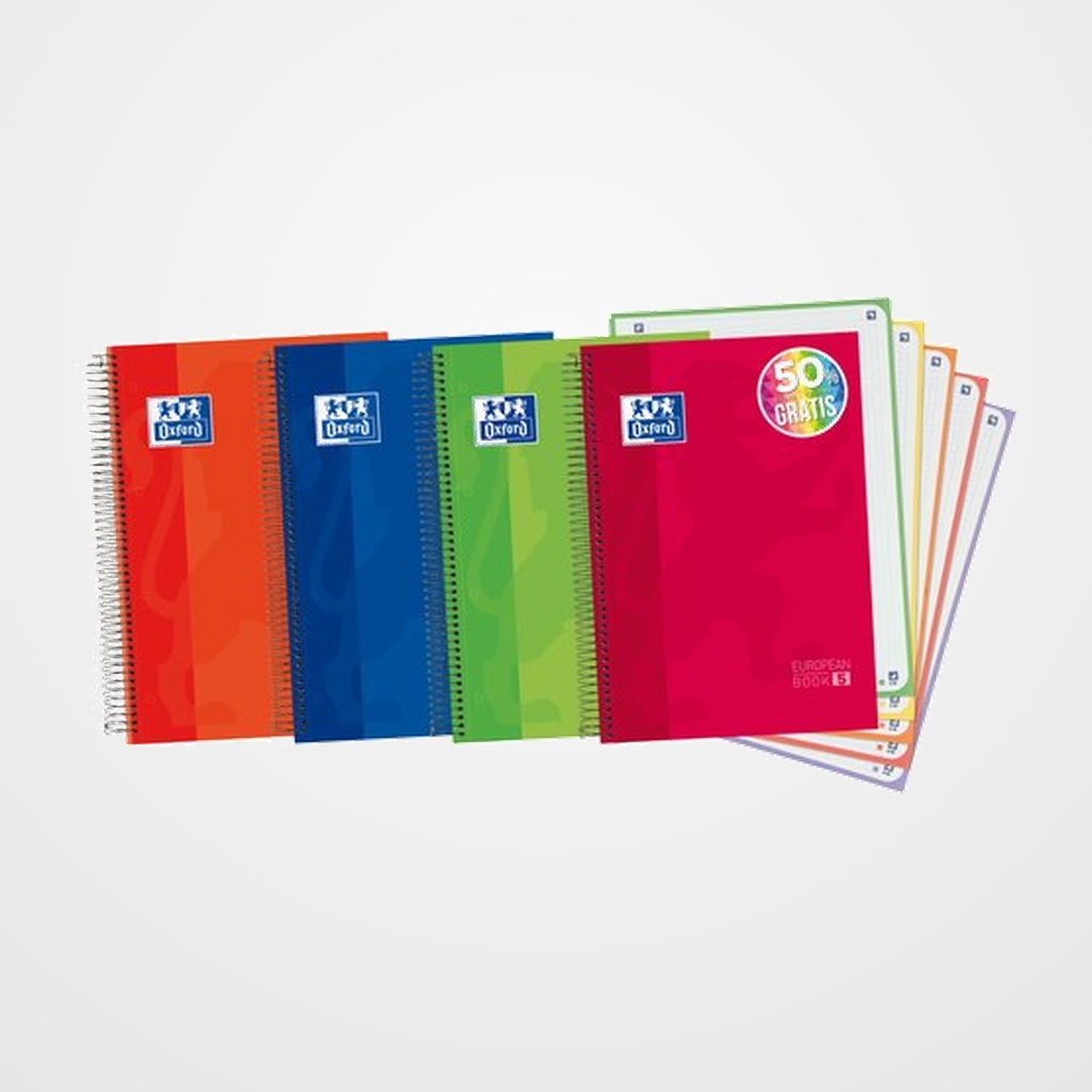 BLOC OXFORD SCHOOL EU.BOOK 5 micro.tapa EXTRA A4+ 120h CUADRIC.5x5 90g SURTIDO (col. vivos) (50% hjs GRATIS)