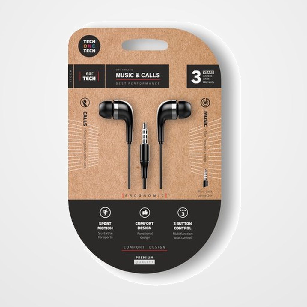 AURICULARES TECH-ONE-TECH SOFT EARTECH DE BOTON CON CONECTOR JACK MICROFONO INTEGRADO NEGRO