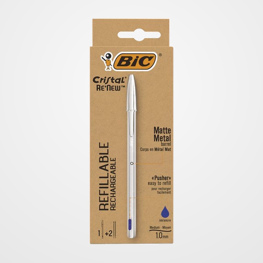 BOLIGRAFO BIC CRISTAL RE´NEW METAL AZUL + 2 RECAMBIOS