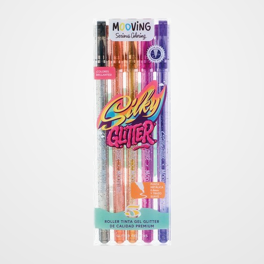 ROLLER GEL MOOVING 0,8mm COLORES GLITTER BOLSA de 5