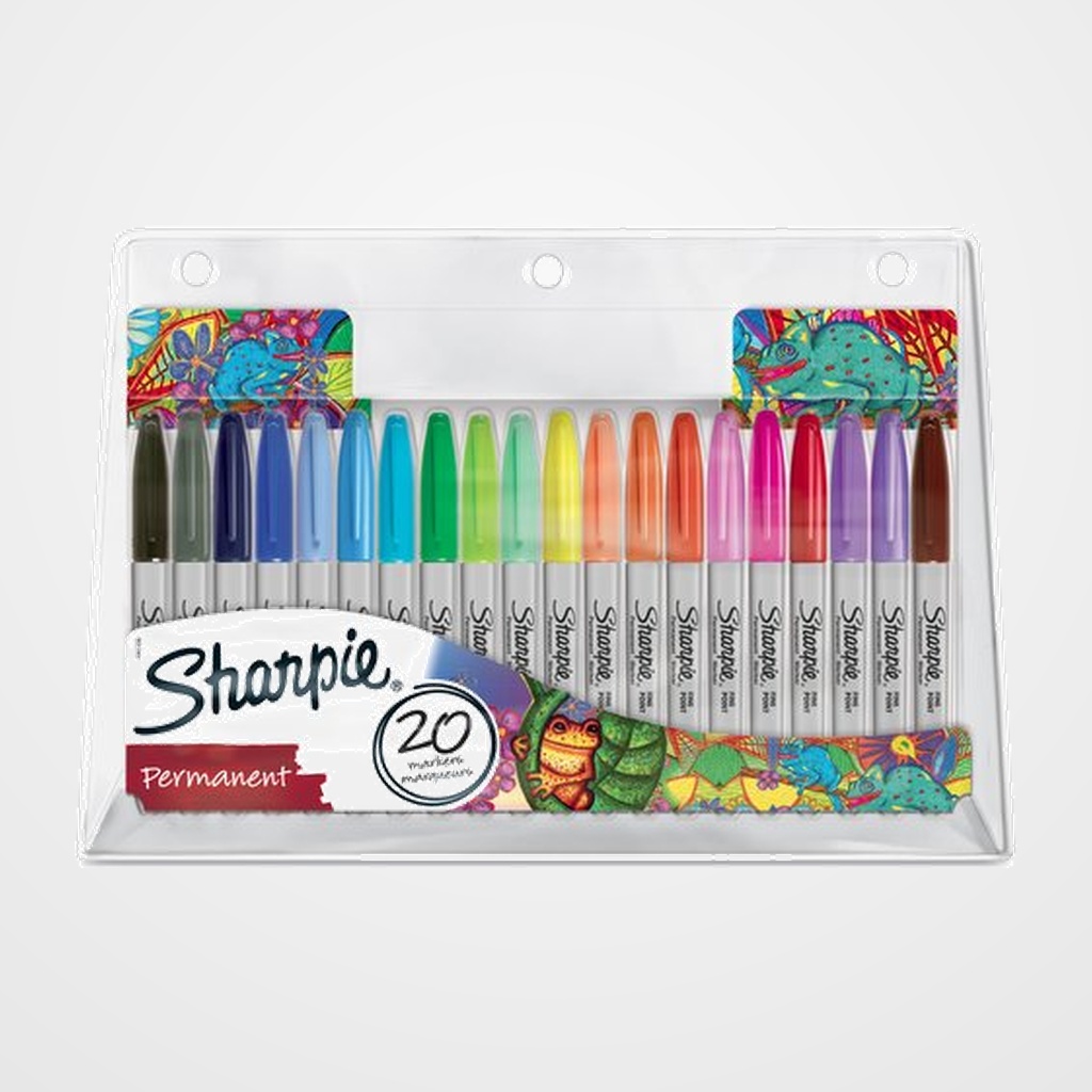 ROTULADOR PERMANENTE SHARPIE FINE BOLSA de 20 (negro, azul, rojo, verde, naranja claro, naranja oscuro, lima, amarillo, magenta, menta, gris, azul marino, azul claro, turquesa, azul medio, melocotón, rosa fucsia, frambuesa, marrón, morado)