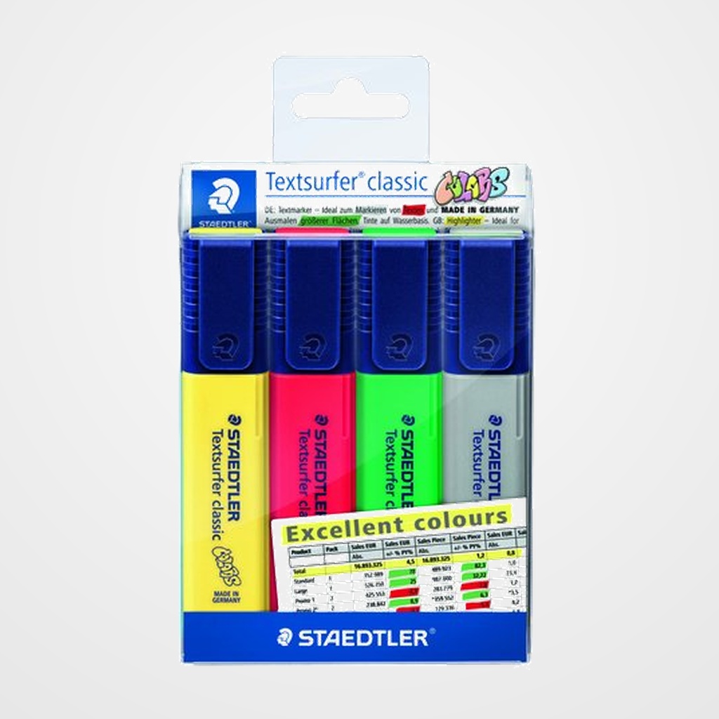 MARCADOR FLUOR STAEDTLER 364 TEXTSURFER CLASSIC ESTUCHE de 4 (Amarillo, Rojo, Verde, Gris)