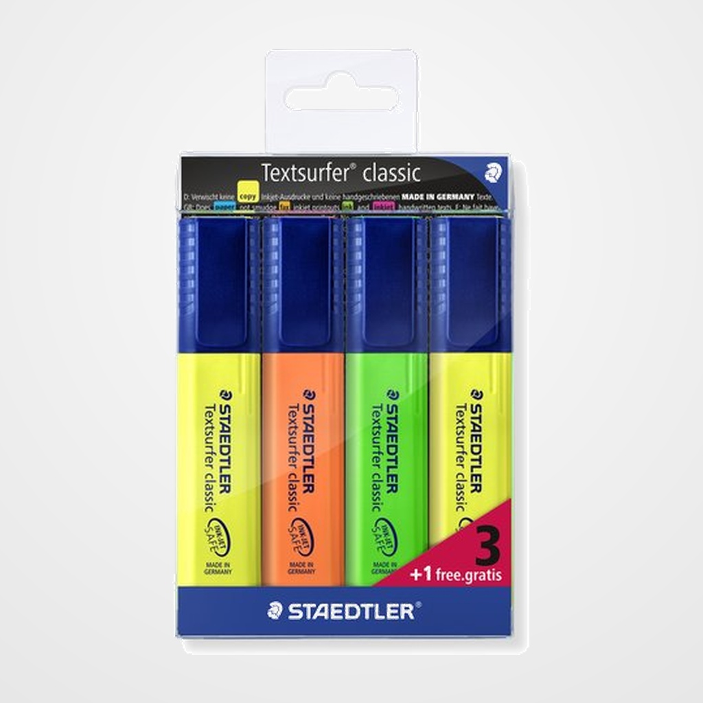 MARCADOR FLUOR STAEDTLER 364 TEXTSURFER CLASSIC SURTIDO ESTUCHE de 4 (3+1 REGALO)
