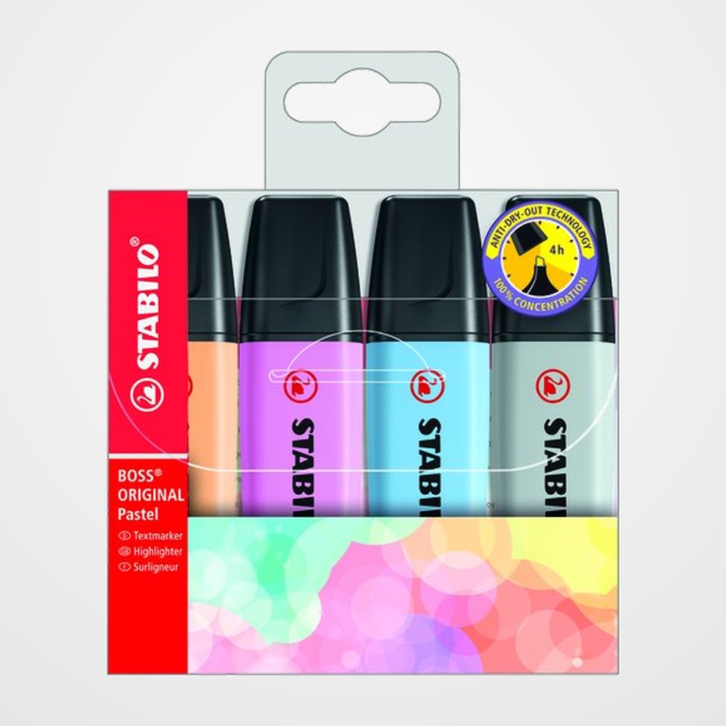 MARCADOR FLUOR STABILO BOSS 70  PASTEL ESTUCHE de 4 (naranja palido, azul ventoso, fucsia helado, gris polvoriento)