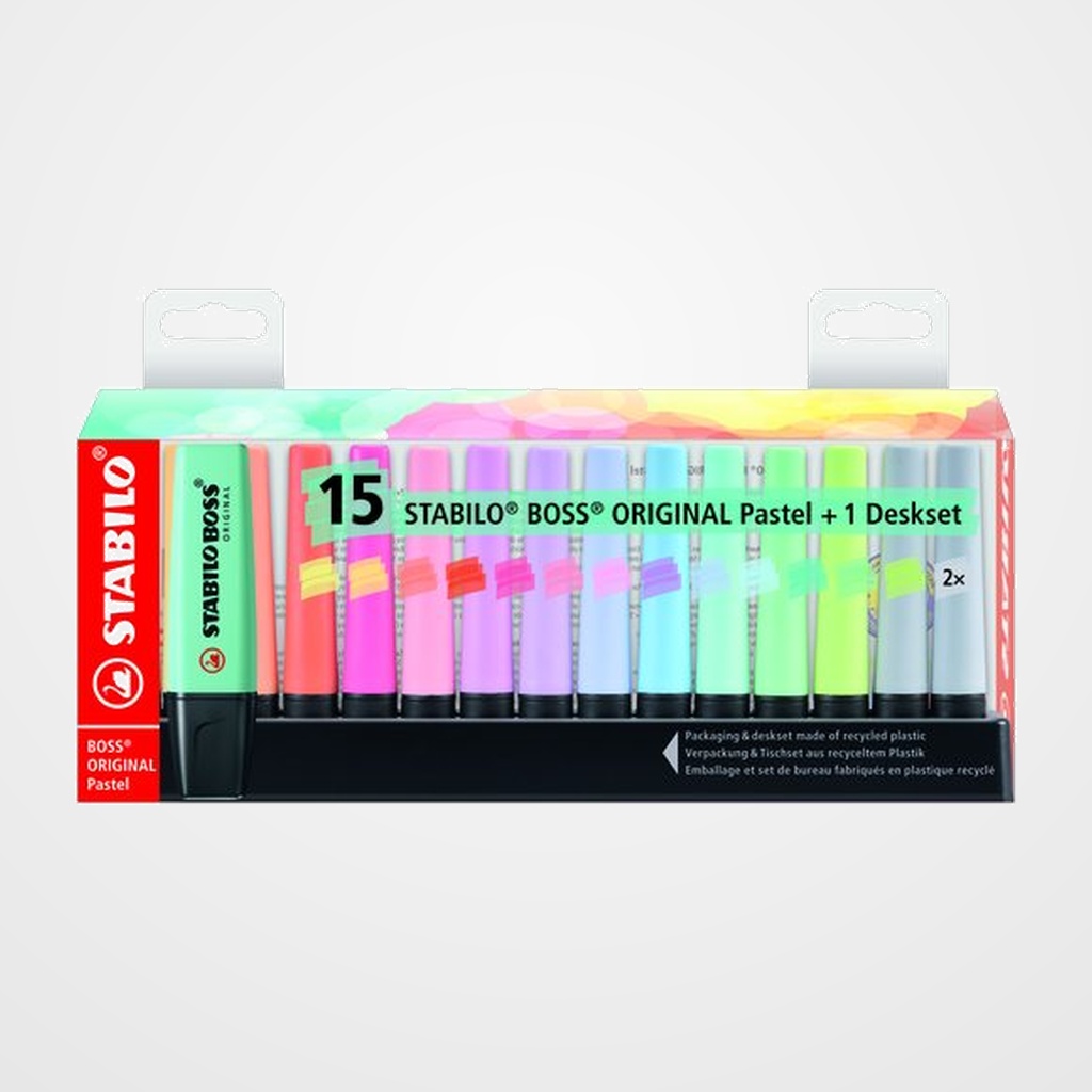MARCADOR FLUOR STABILO BOSS 70  PASTEL SET DE MESA SURTIDO ESTUCHE de 15