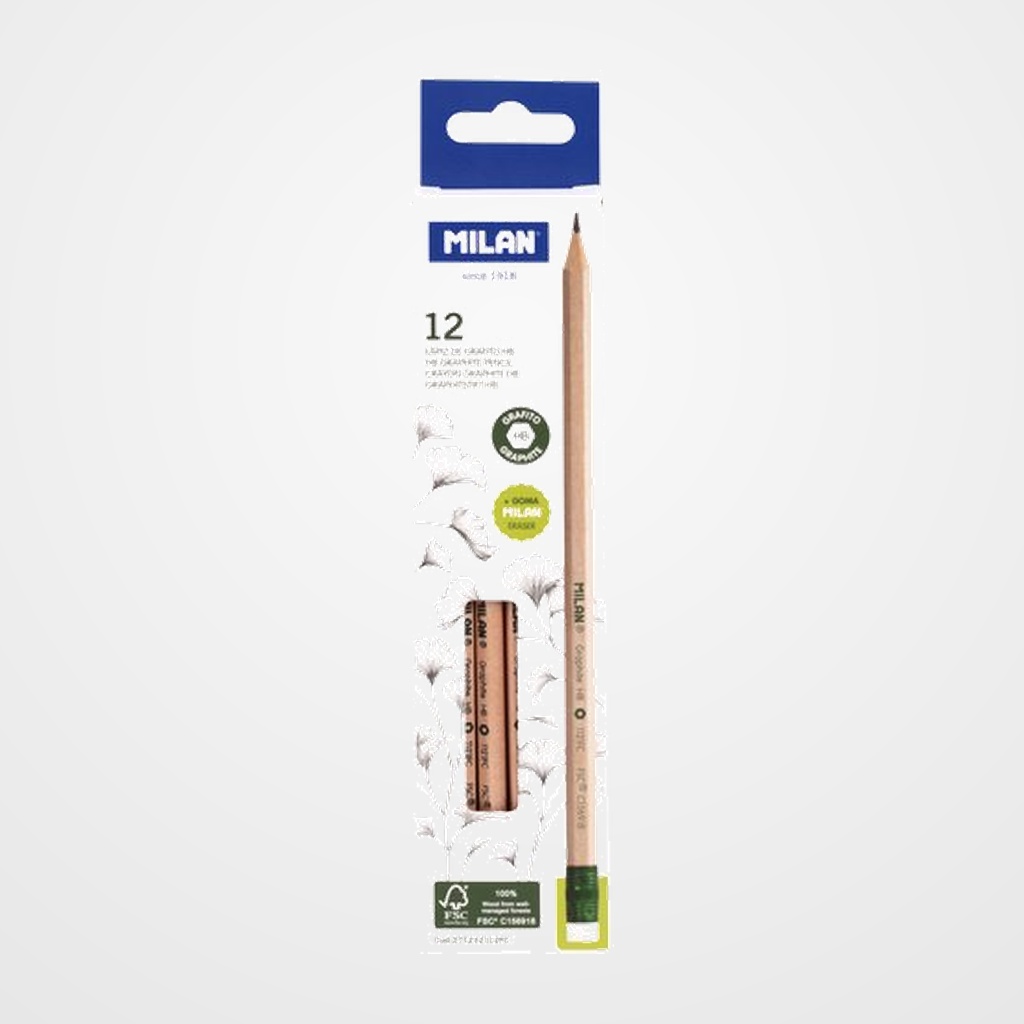 LAPIZ de GRAFITO MILAN con GOMA HB MADERA CERTIFICADA CAJA de 12