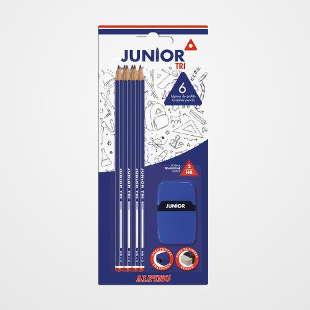 LAPIZ de GRAFITO ALPINO JUNIOR - HB TRI BLISTER de 6 Y AFILAGOMA
