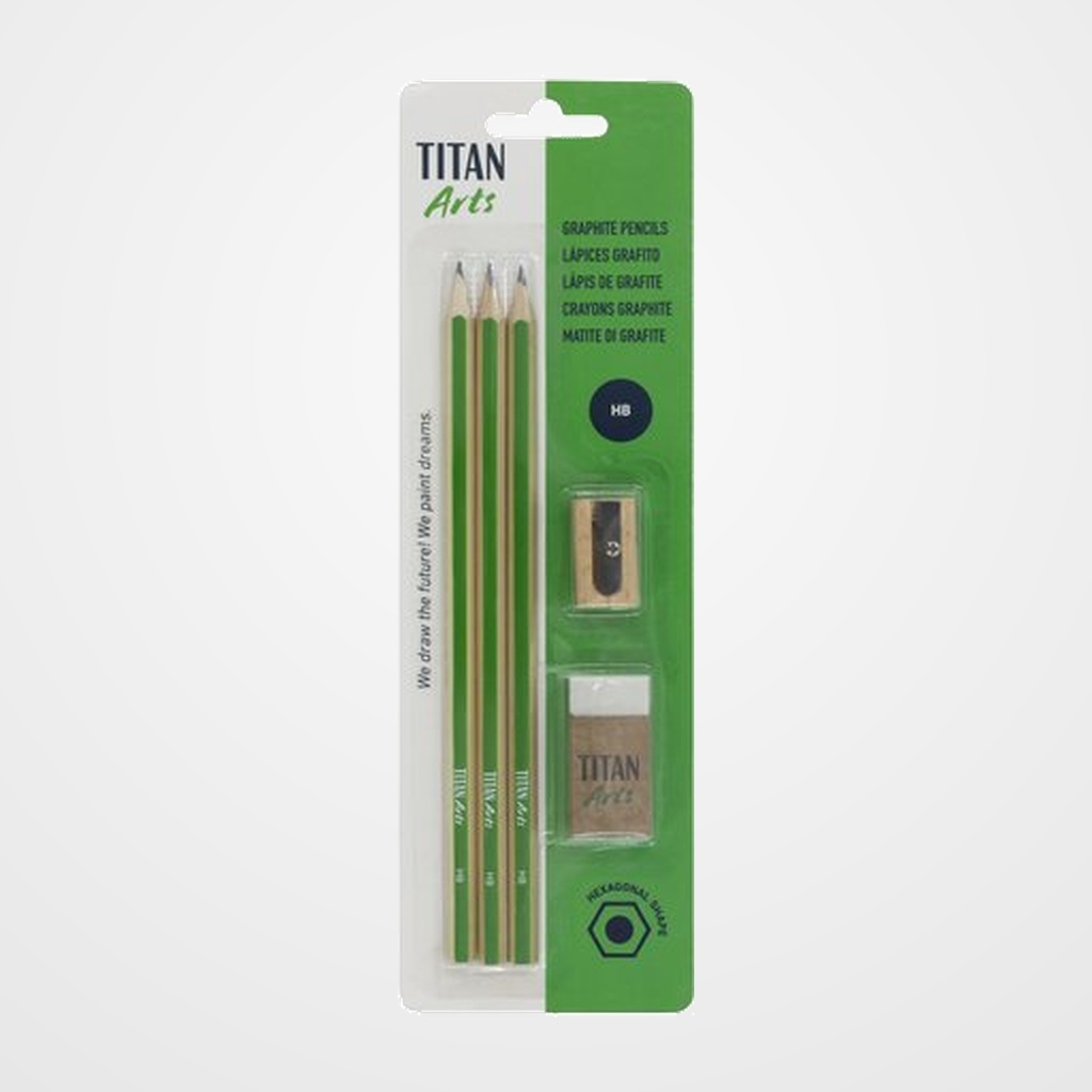 LAPIZ de GRAFITO TITAN ARTS CREATIVE ECOLOGICO - HB SET  3x LAPICES 1x GOMA DE BORRAR 1x AFILALAPIZ