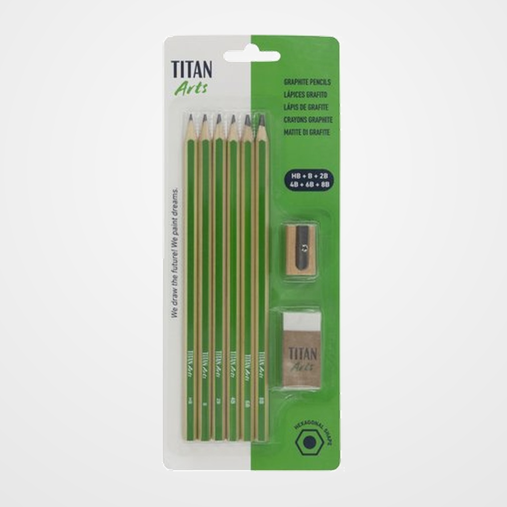 LAPIZ de GRAFITO TITAN ARTS CREATIVE ECOLOGICO - HB-B-2B-4B-6B-8B SET  6x LAPICES 1x GOMA DE BORRAR 1x AFILALAPIZ
