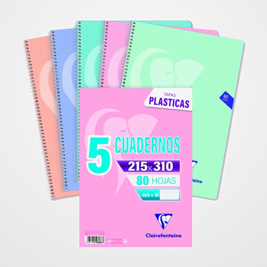 BLOC CLAIREFONTAINE  MIMESYS POLIPROPILENO Fº 80h 4x4 90g COLORES PASTEL PACK DE 5