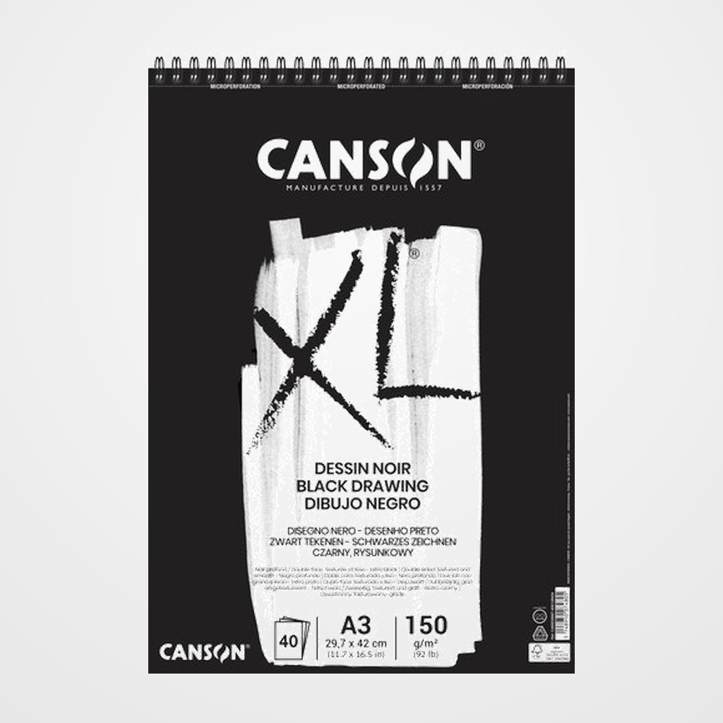 BLOC DE DIBUJO CANSON XL BLACK DRAWING CON ESPIRAL DOBLE GRANO FINO Y GRUESO A3 150g 40h