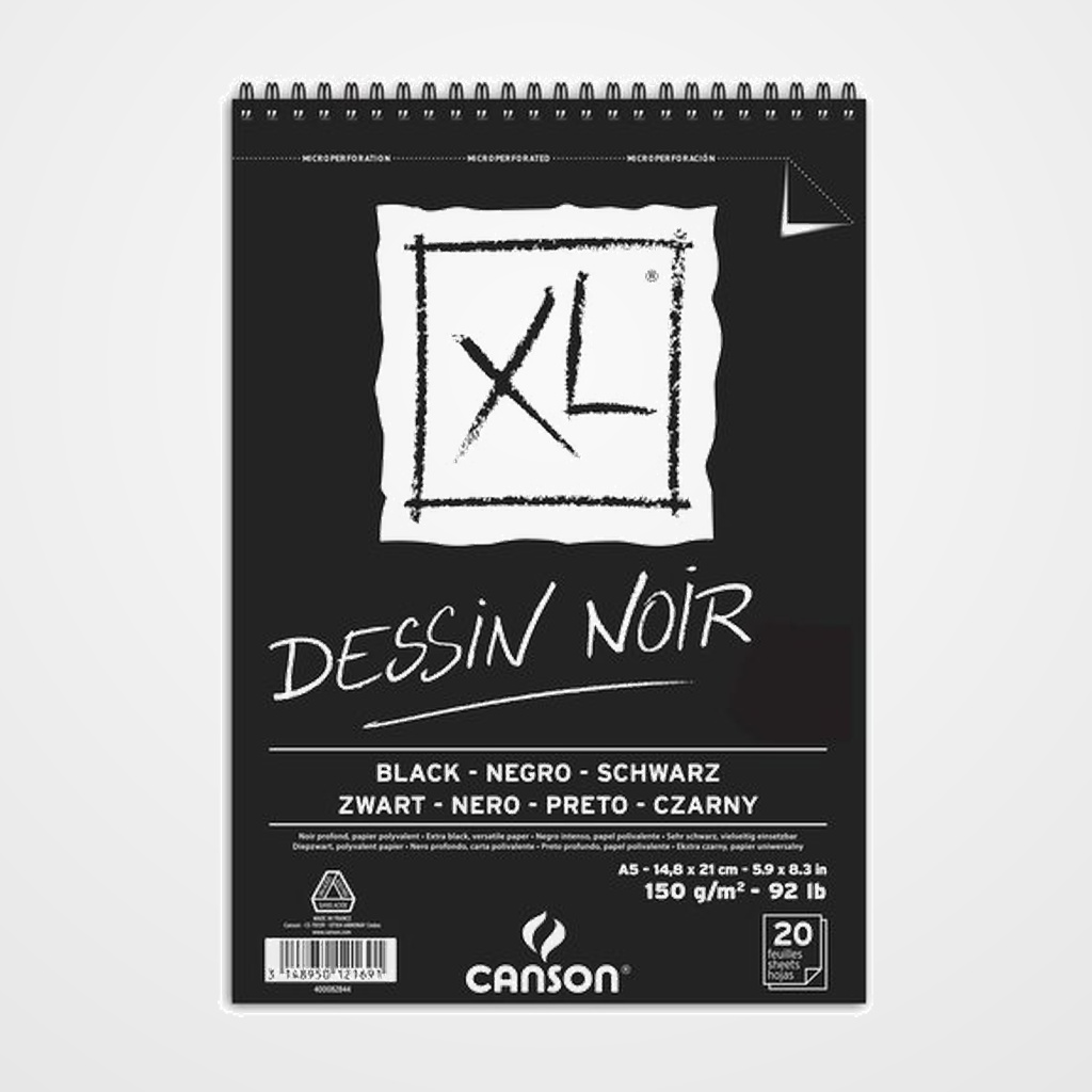BLOC DE DIBUJO CANSON XL BLACK DRAWING CON ESPIRAL DOBLE GRANO FINO Y GRUESO A5 150g 20h