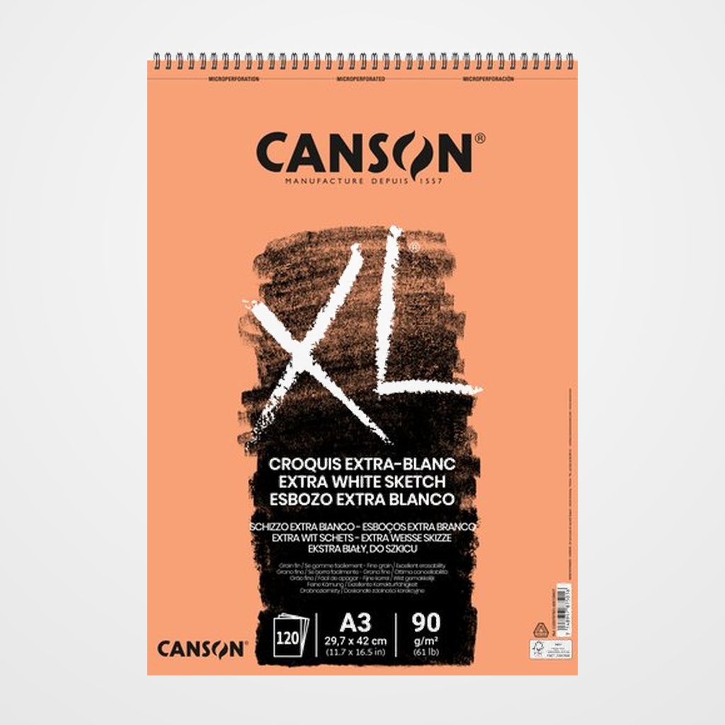 BLOC DE DIBUJO CANSON XL CROQUIS EXTRA BLANCO CON ESPIRAL GRANO FINO A3 90g 120h