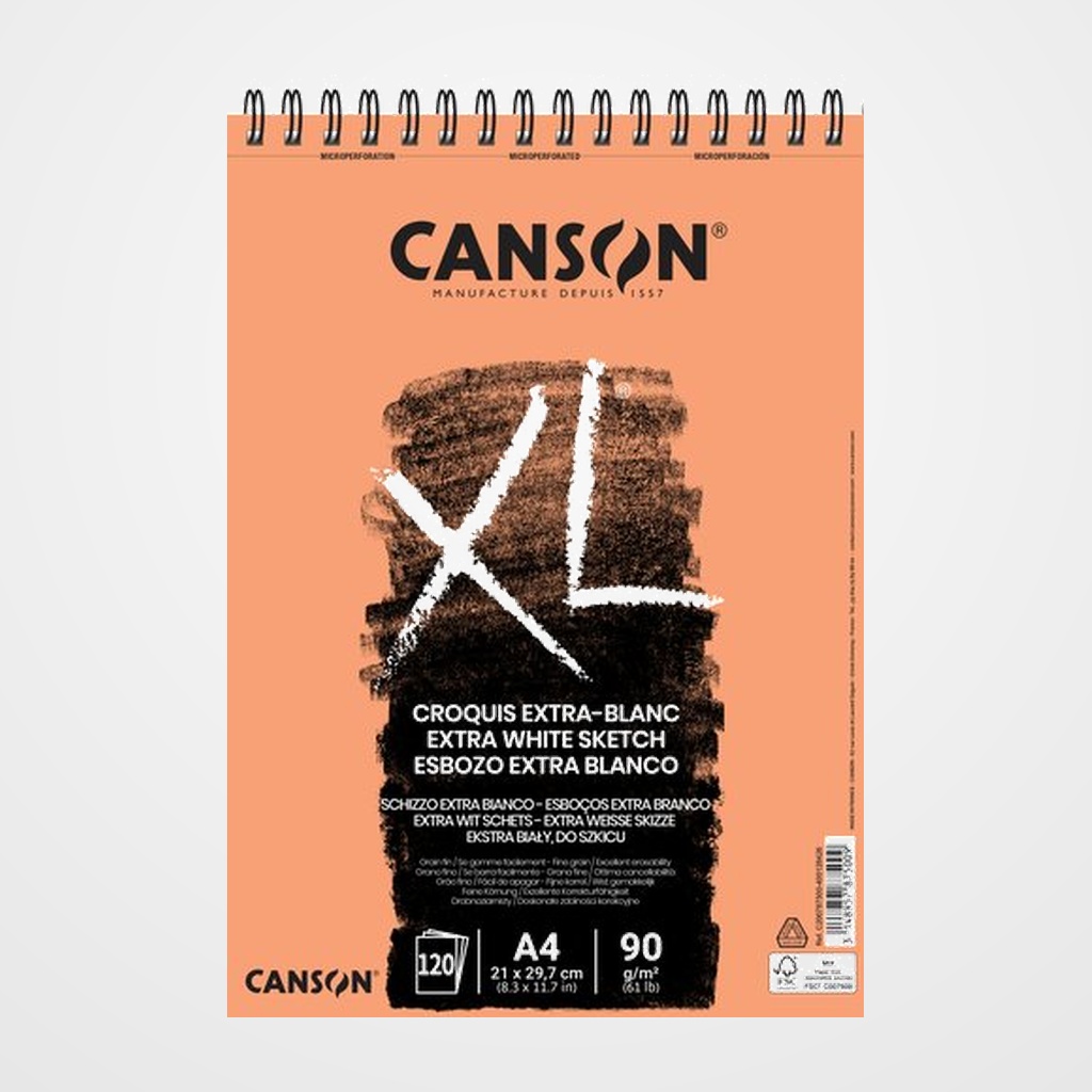 BLOC DE DIBUJO CANSON XL CROQUIS EXTRA BLANCO CON ESPIRAL GRANO FINO A4 90g 120h