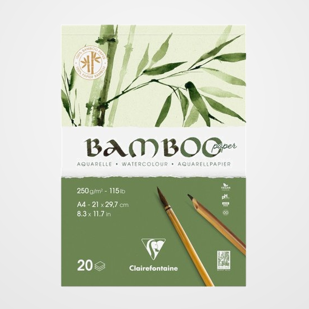 BLOC DE DIBUJO CLAIREFONTAINE BAMBOO AQUARELLE ENCOLADO BLANCO GRANO FINO TECNICAS MIXTAS A4 250g 20h