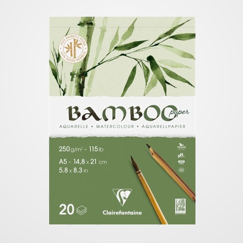 BLOC DE DIBUJO CLAIREFONTAINE BAMBOO AQUARELLE ENCOLADO BLANCO GRANO FINO TECNICAS MIXTAS A5 250g 20h