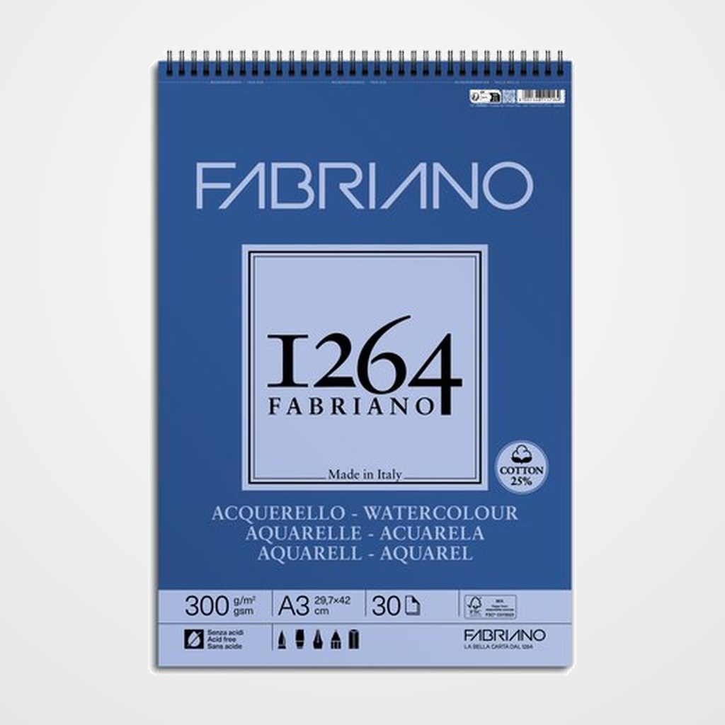 BLOC DE DIBUJO FABRIANO 1264 ACUARELA CON ESPIRAL LISO GRANO FINO A3 300g 30h