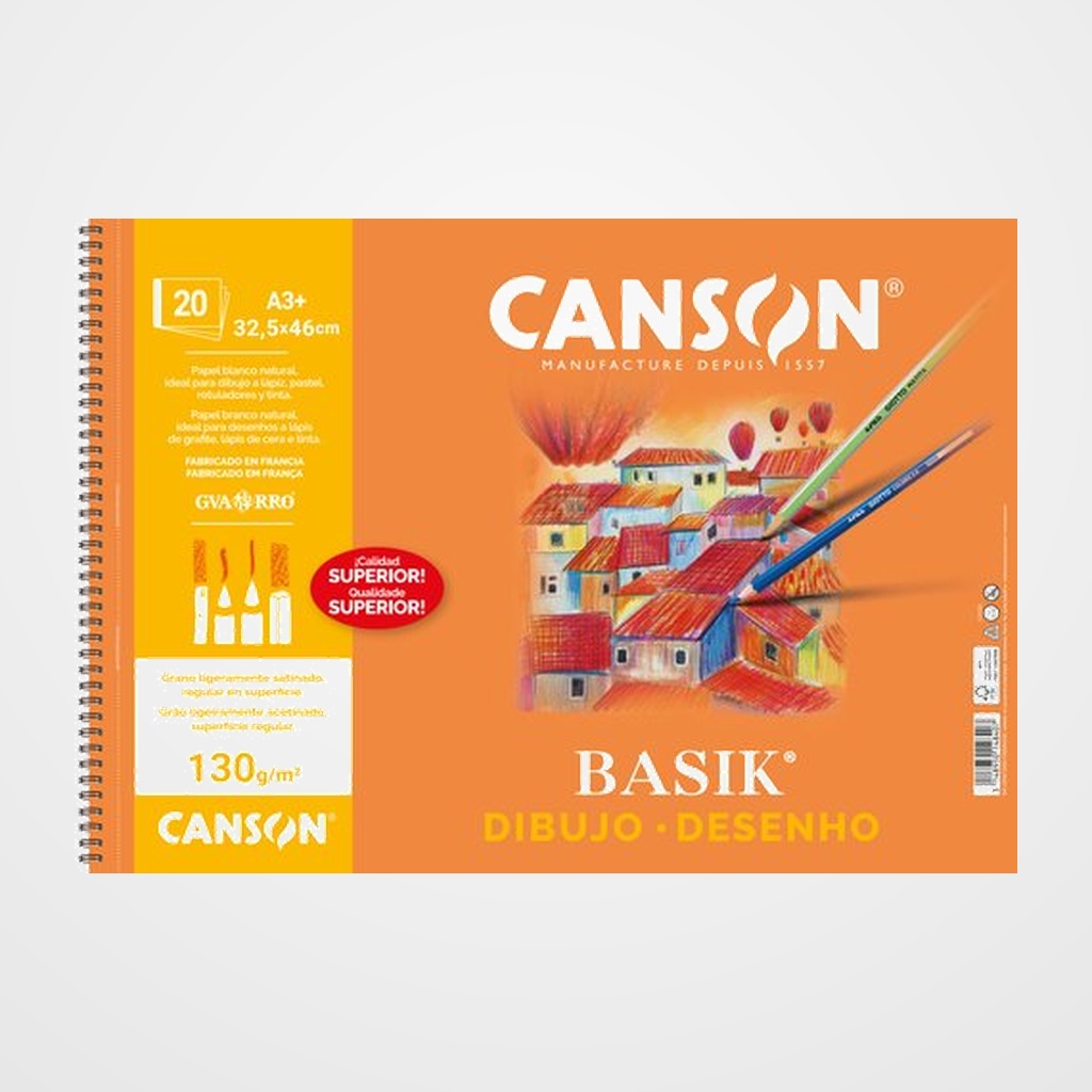 BLOC DE DIBUJO GUARRO-CANSON BASIK CON ESPIRAL LISO 2 TALADROS A3+ 130g 20h