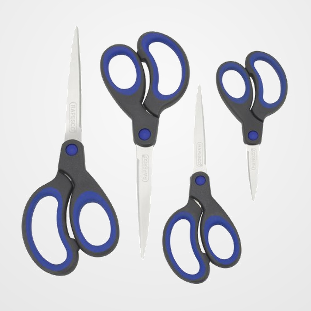 TIJERAS RAPESCO CON MANGO SUAVE VARIOS TAMAÑOS PAQUETE de 4 AZUL