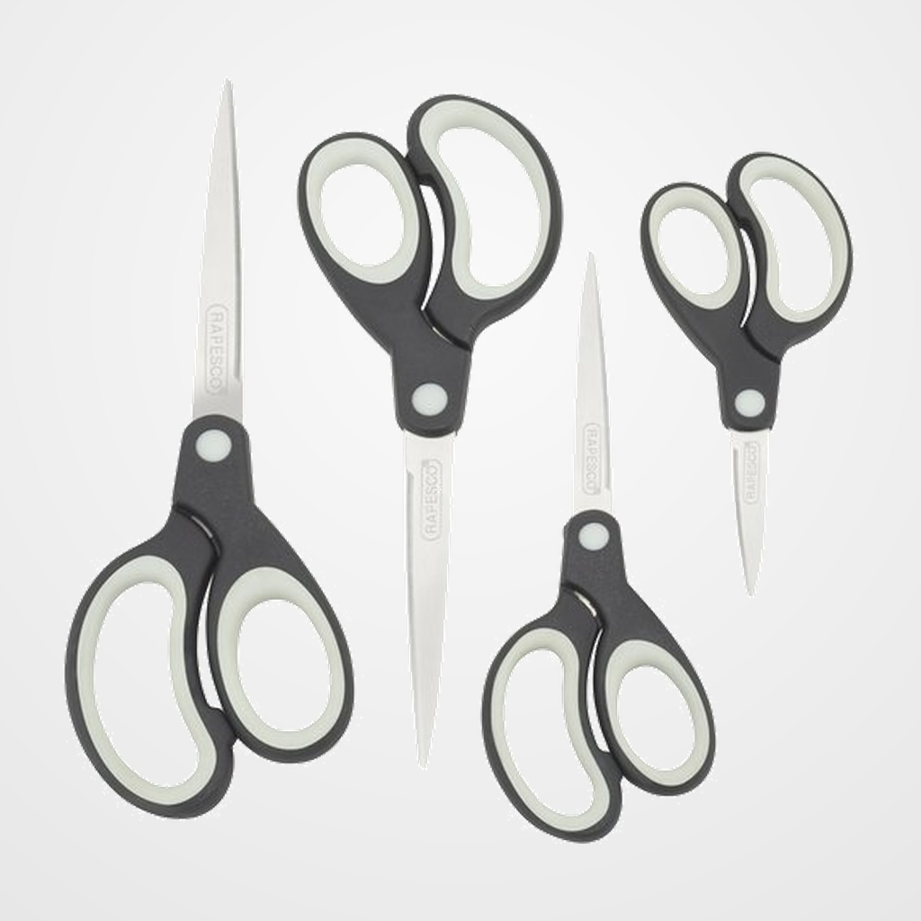 TIJERAS RAPESCO CON MANGO SUAVE VARIOS TAMAÑOS PAQUETE de 4 NEGRO