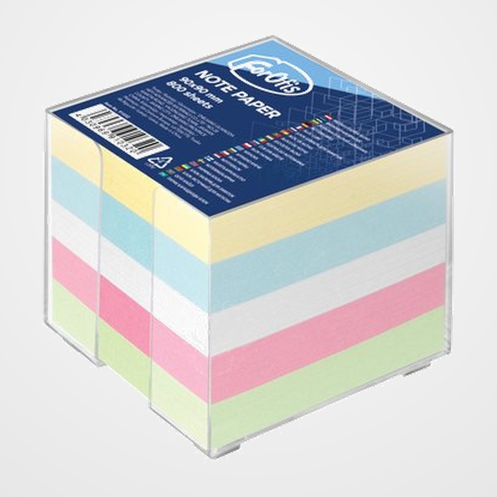 PORTA NOTAS FOROFIS 90x90 mm TRANSPARENTE CON 800 NOTAS EN 5 COLORES PASTEL INCLUIDAS