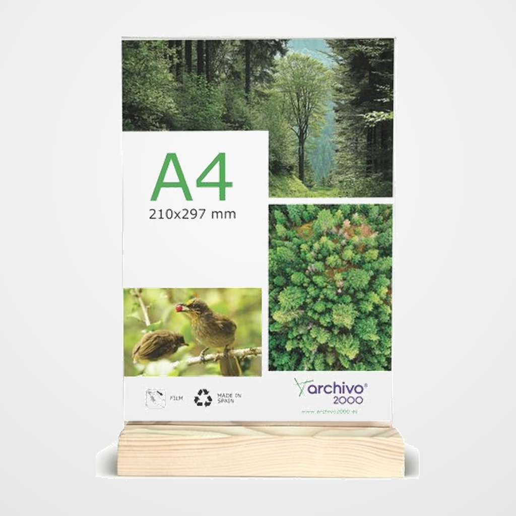 EXPOSITOR SOBREMESA EN FORMA DE T CON BASE DE MADERA A4 VERTICAL CRISTAL/MADERA