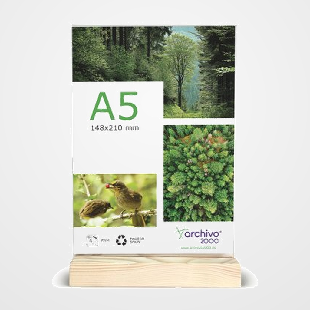 EXPOSITOR SOBREMESA EN FORMA DE T CON BASE DE MADERA A5 VERTICAL CRISTAL/MADERA