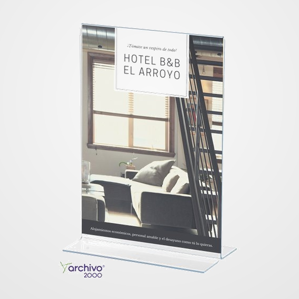 EXPOSITOR SOBREMESA EN FORMA DE T A4 VERTICAL CRISTAL