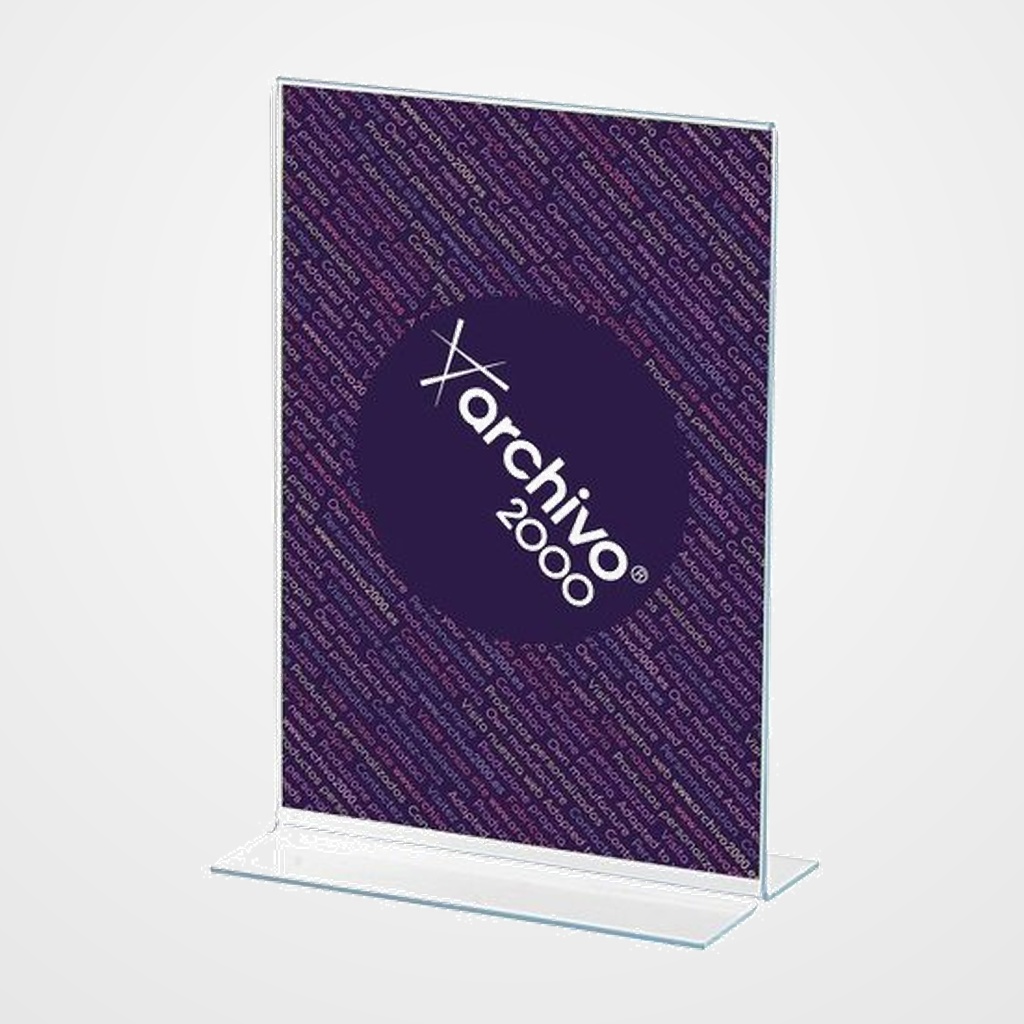 EXPOSITOR SOBREMESA EN FORMA DE T A5 VERTICAL CRISTAL