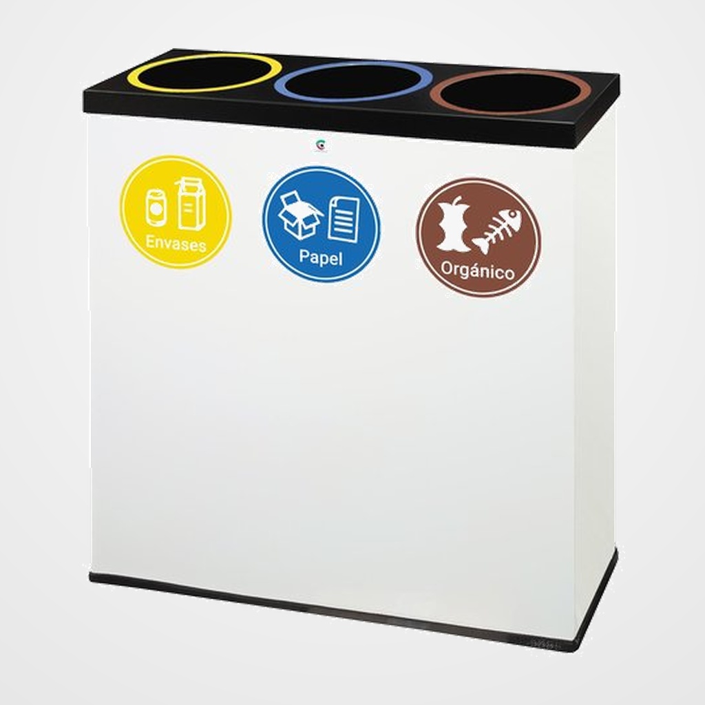 PAPELERA METALICA CILINDRO P-77 (66x22x70cm) SELECTIVA DE RESIDUOS 3 COMPARTIMENTOS BLANCO