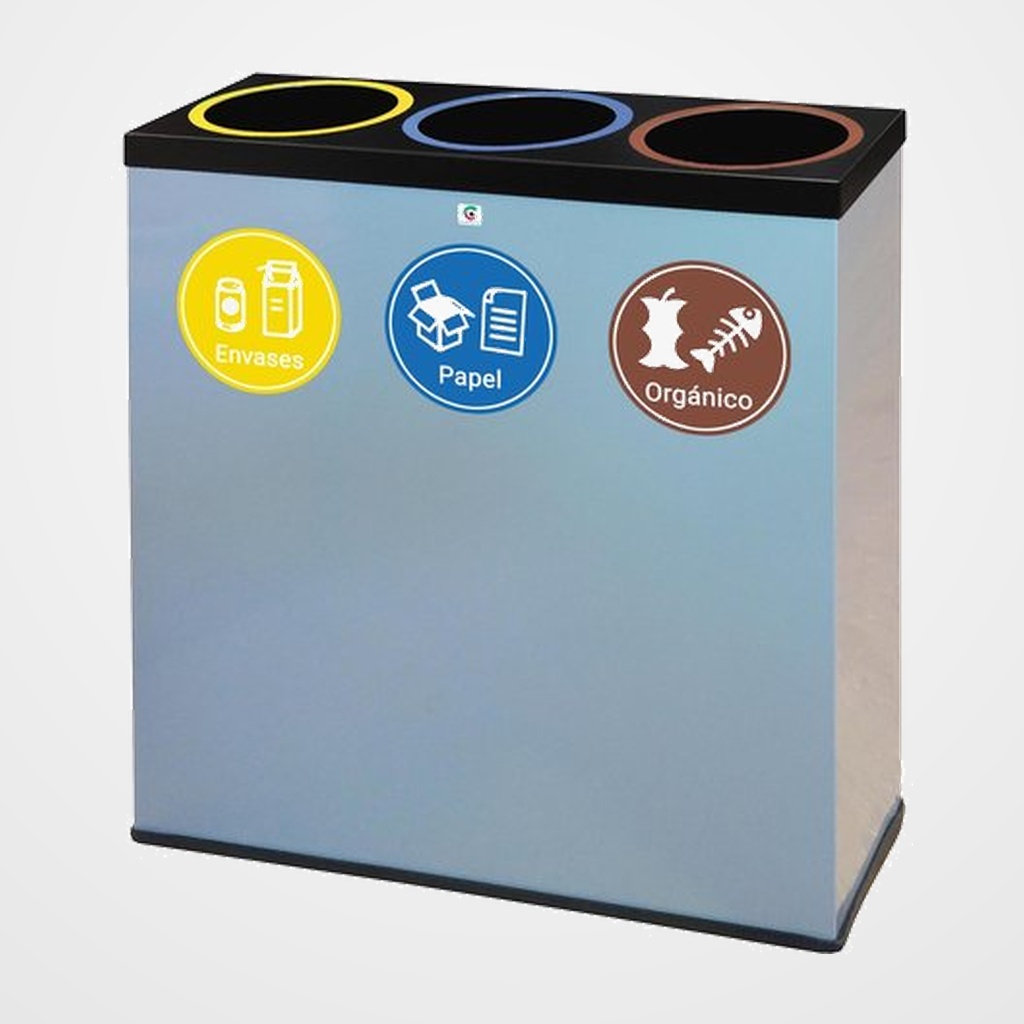 PAPELERA METALICA CILINDRO P-77 (66x22x70cm) SELECTIVA DE RESIDUOS 3 COMPARTIMENTOS GRIS (9006)