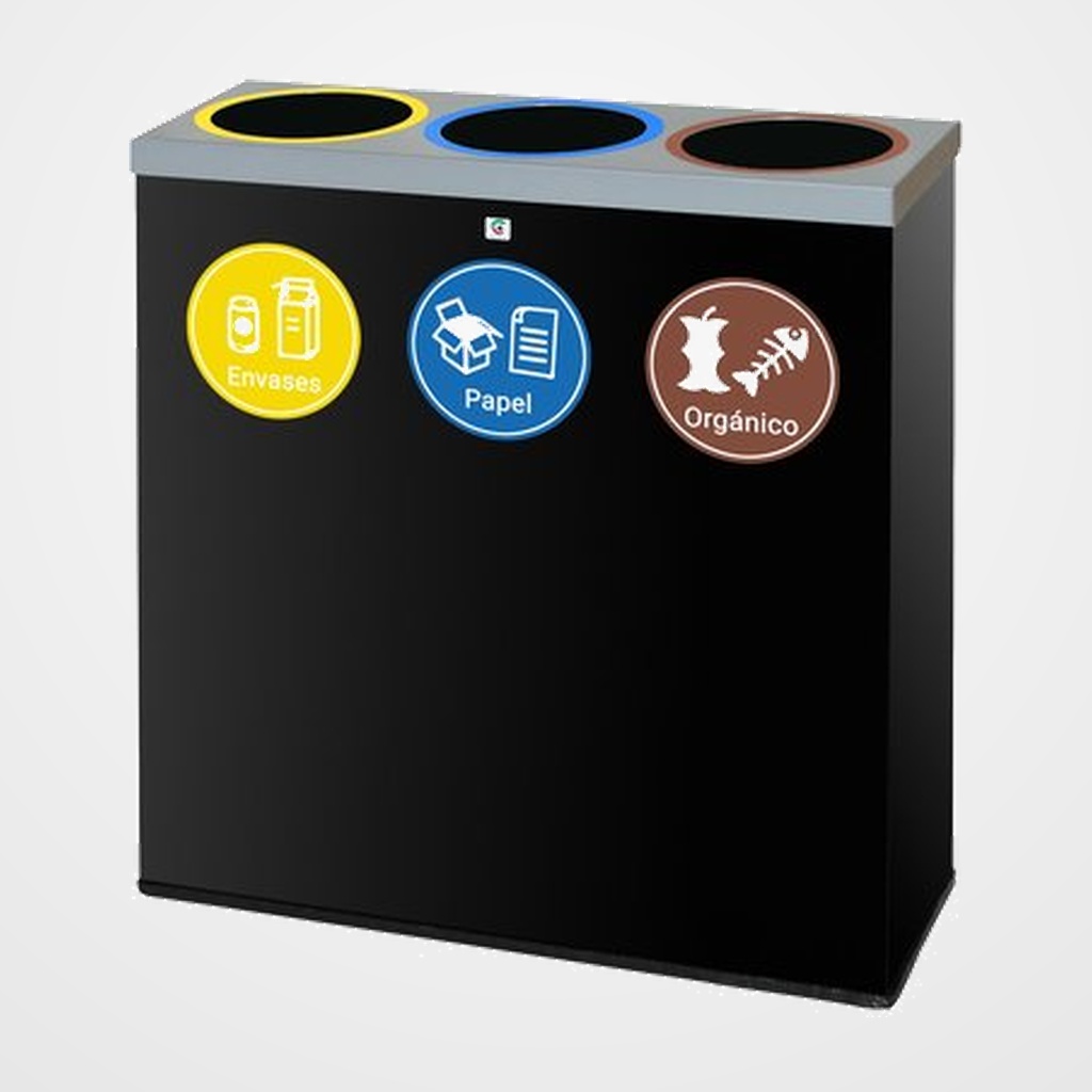 PAPELERA METALICA CILINDRO P-77 (66x22x70cm) SELECTIVA DE RESIDUOS 3 COMPARTIMENTOS NEGRA
