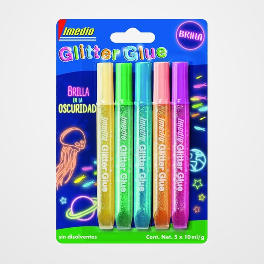 COLA GLITTER GLUE IMEDIO BRILLA EN LA OSCURIDAD BLISTER de 5x 10ml