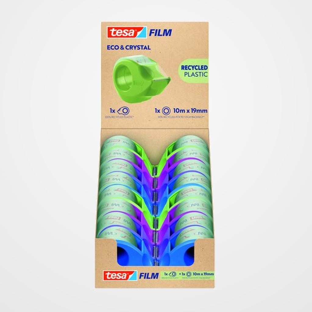 CINTA ADHESIVA TESA ECO&CRYSTAL (90% reciclado) rollo 10x19 con MINI PORTARROLLOS