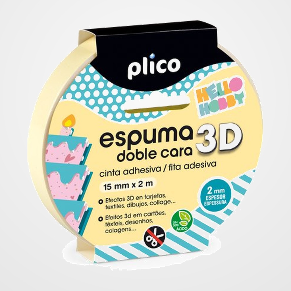 CINTA ADHESIVA DOBLE CARA PLICO rollo 2x15 ESPUMA EFECTO 3D