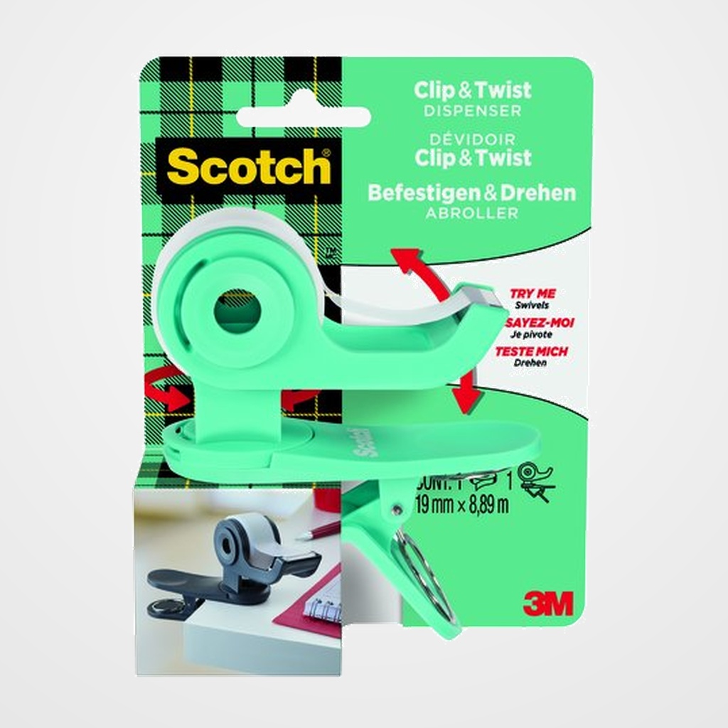 [16601040] PORTARROLLOS SCOTCH CLIP&TWIST C19 VERDE AGUA + CINTA SCOTCH MAGIC