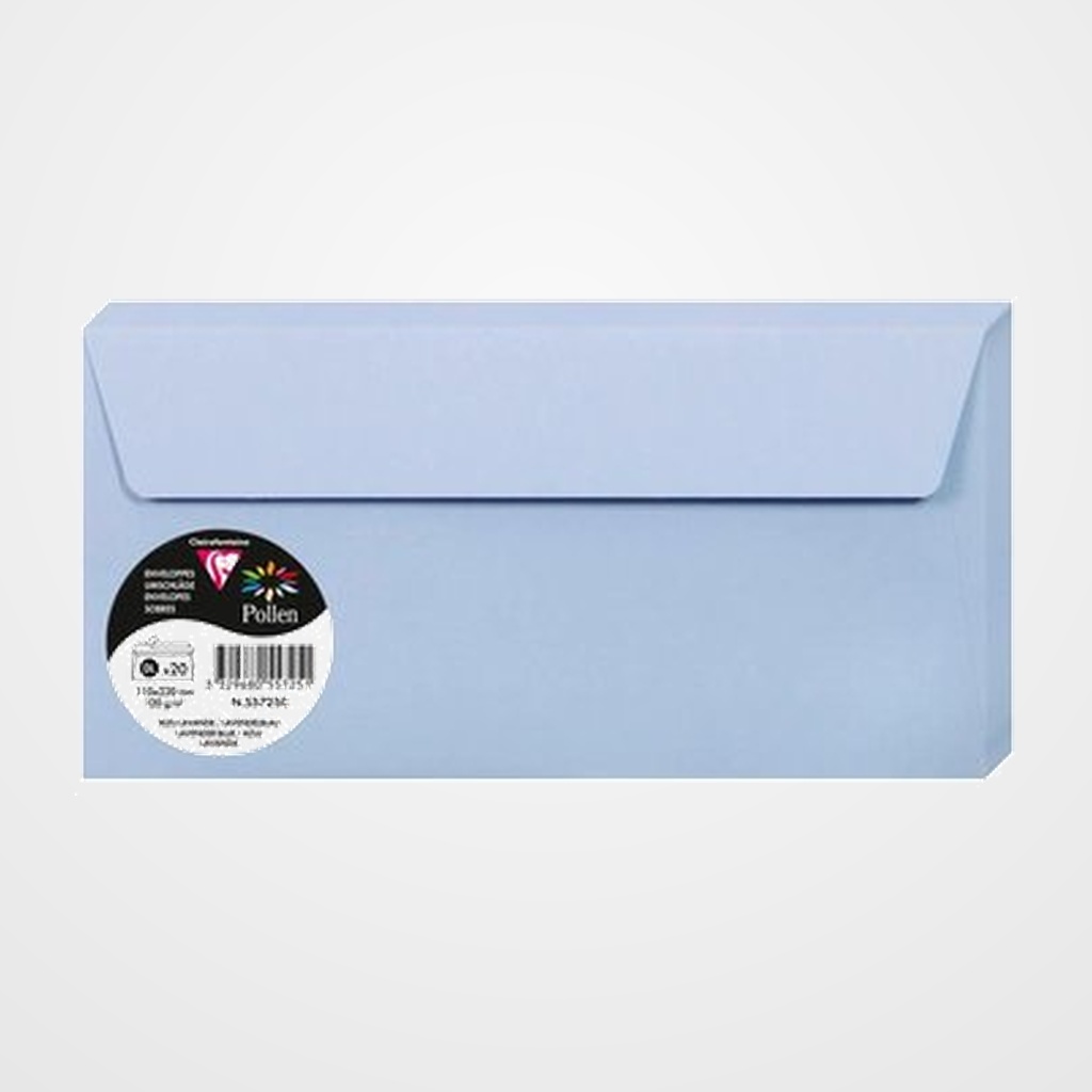 SOBRE CLAIREFONTAINE POLLEN 110x220 120g AZUL LAVANDA PAQUETE DE 20