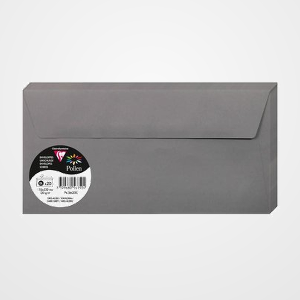 SOBRE CLAIREFONTAINE POLLEN 110x220 120g GRIS ACERO PAQUETE DE 20