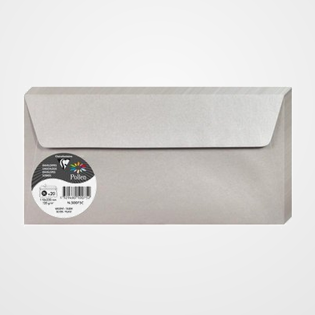 SOBRE CLAIREFONTAINE POLLEN 110x220 120g PLATA PAQUETE DE 20