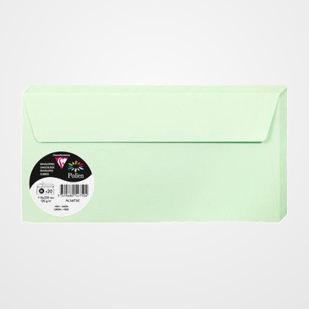 SOBRE CLAIREFONTAINE POLLEN 110x220 120g VERDE PAQUETE DE 20