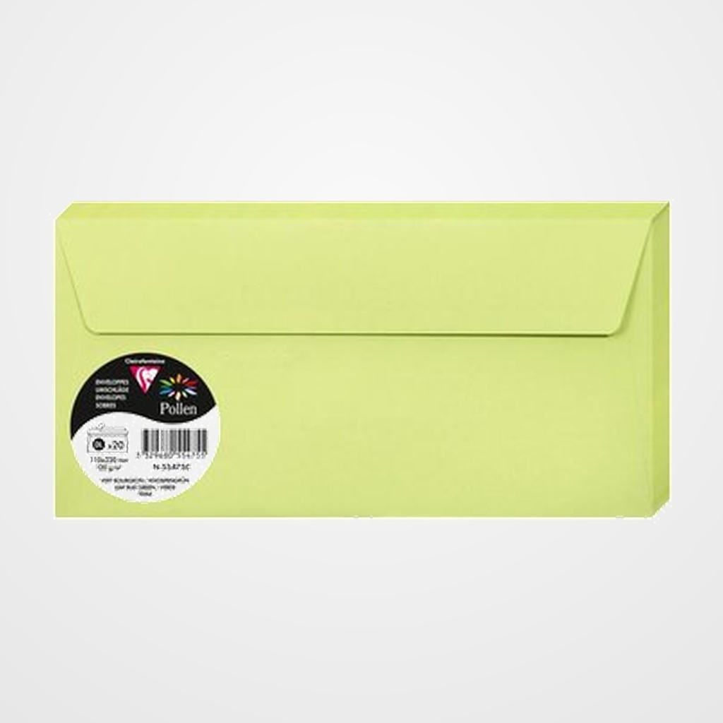 SOBRE CLAIREFONTAINE POLLEN 110x220 120g VERDE YEMA PAQUETE DE 20