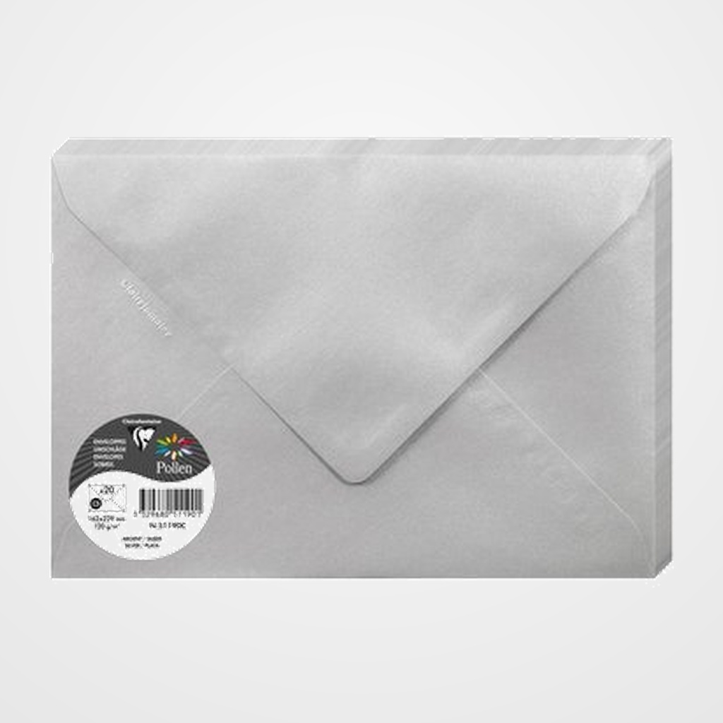 SOBRE CLAIREFONTAINE POLLEN 162x229 120g PLATEADO PAQUETE DE 20