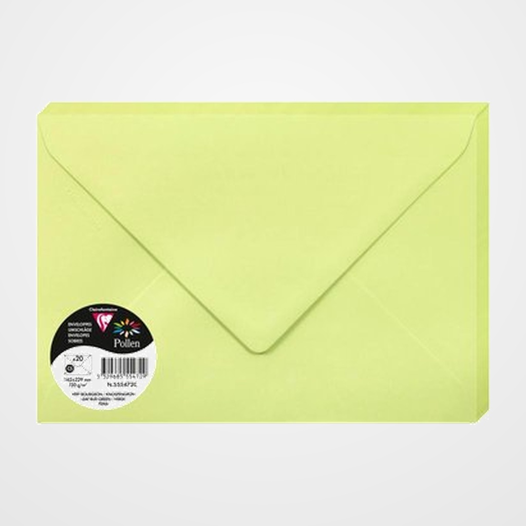 SOBRE CLAIREFONTAINE POLLEN 162x229 120g VERDE YEMA PAQUETE DE 20