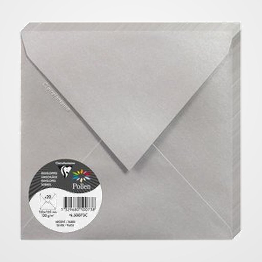 SOBRE CLAIREFONTAINE POLLEN 165x165 120g PLATA METALIZADO PAQUETE DE 20
